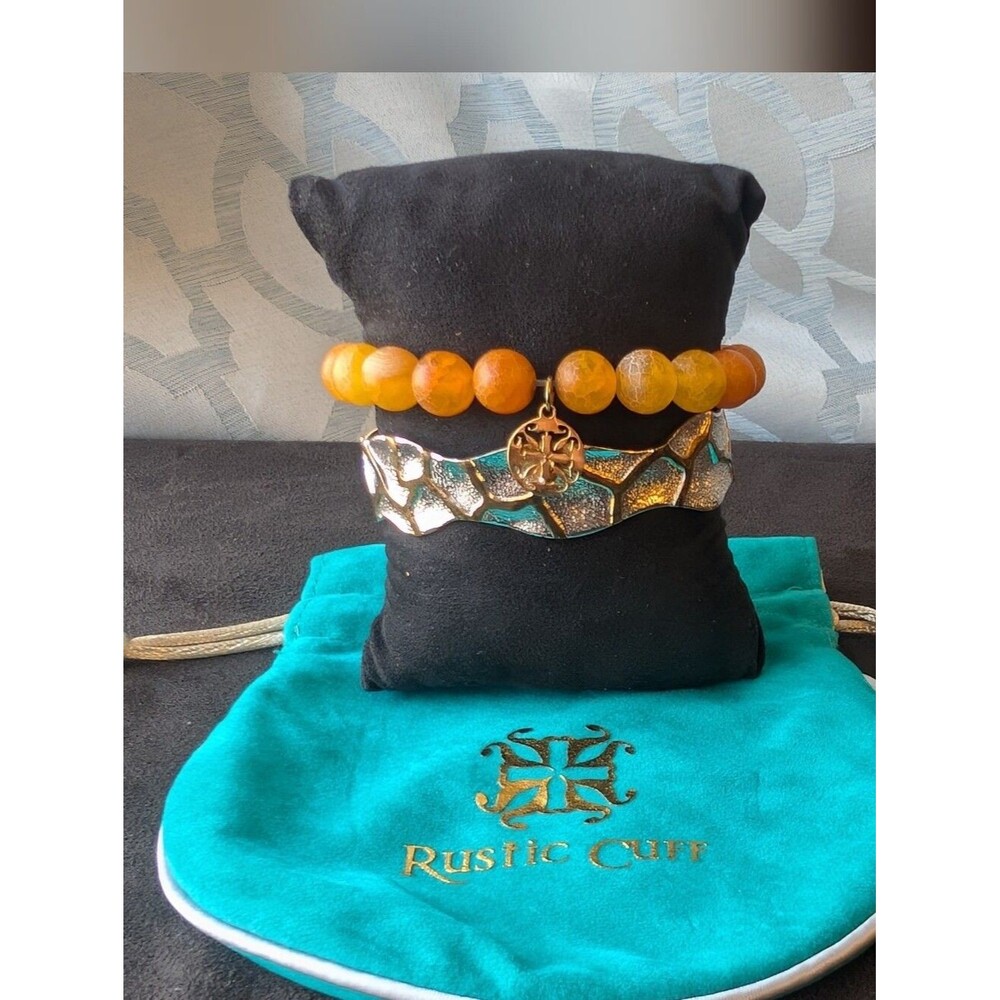 Rustic Cuff Boho Orange Agate Beaded & Silver Bracelet Set